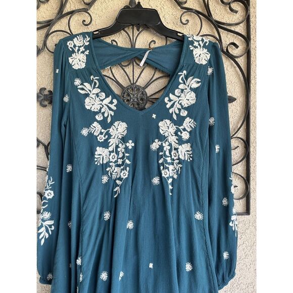 Free People Sweet Tennessee Boho Embroidered Dress - Size S- Teal Blue - Picture 4 of 12